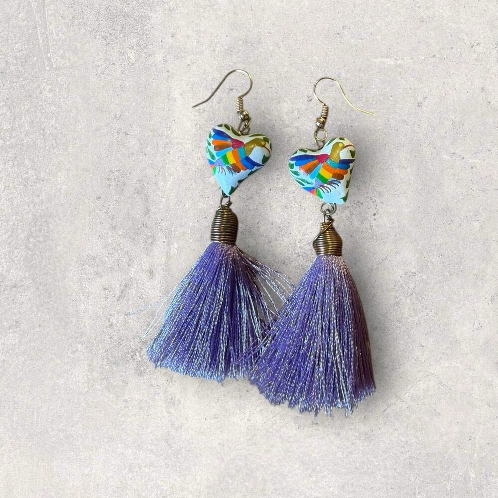 Copal Wood Hand Painted Heart Earrings With Birds And Tassels